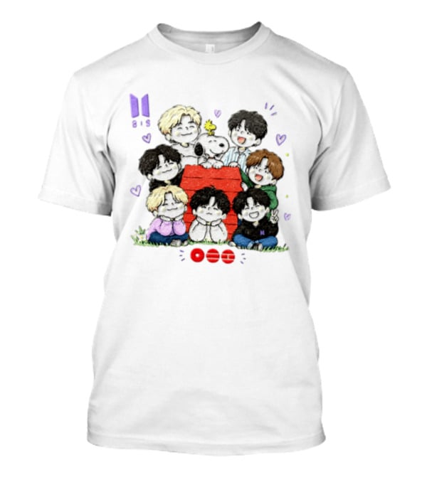 Snoopy Woodstock Peanuts BTS Members Cartoon Illustration Collaboration T-Shirt