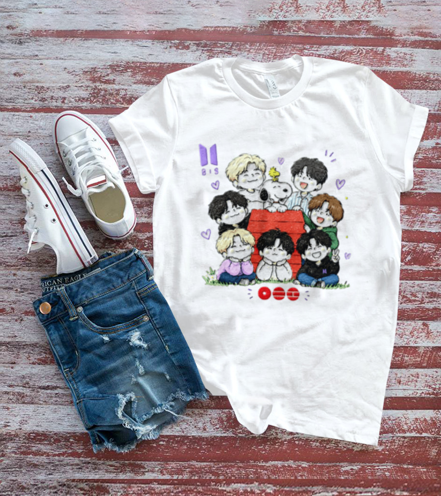 Snoopy Woodstock Peanuts BTS Members Cartoon Illustration Collaboration T-Shirt