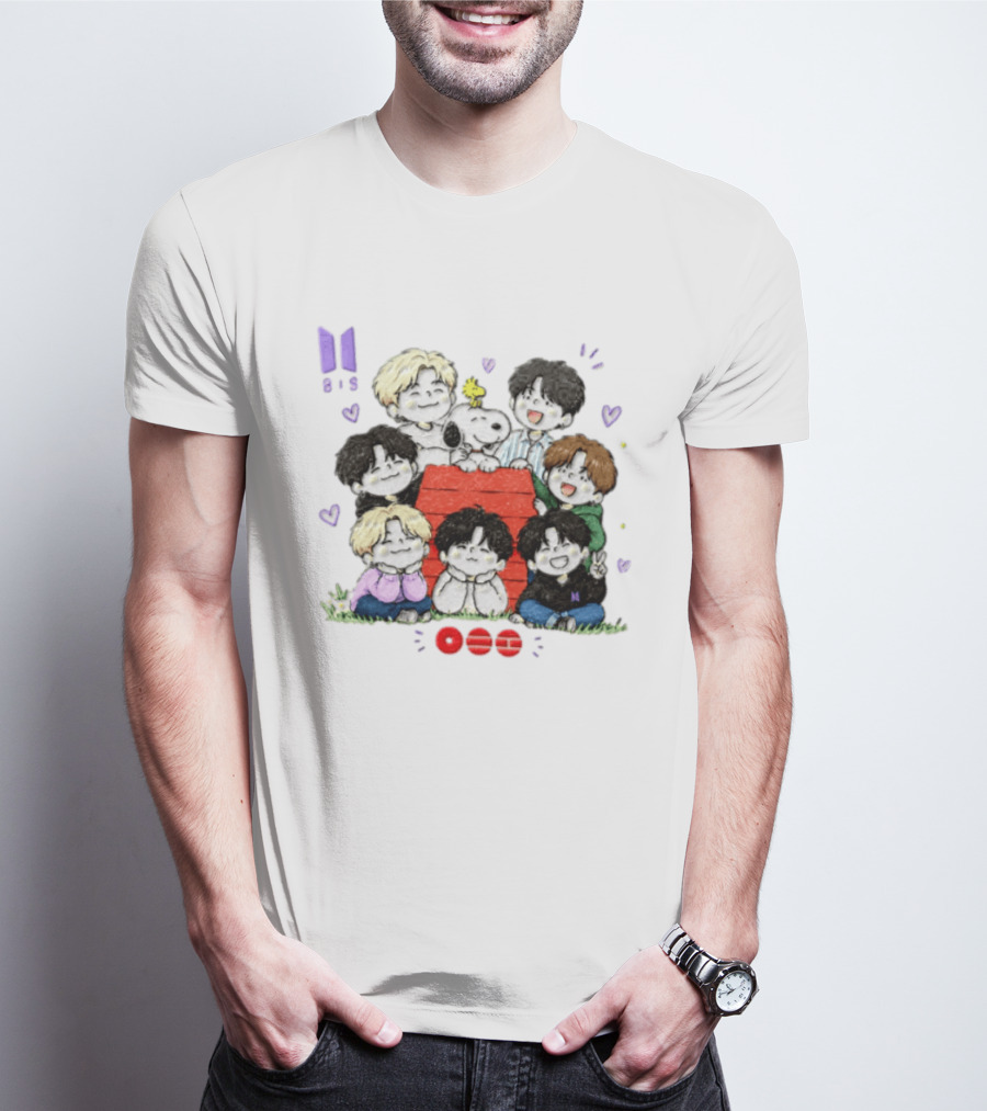 Snoopy Woodstock Peanuts BTS Members Cartoon Illustration Collaboration T-Shirt