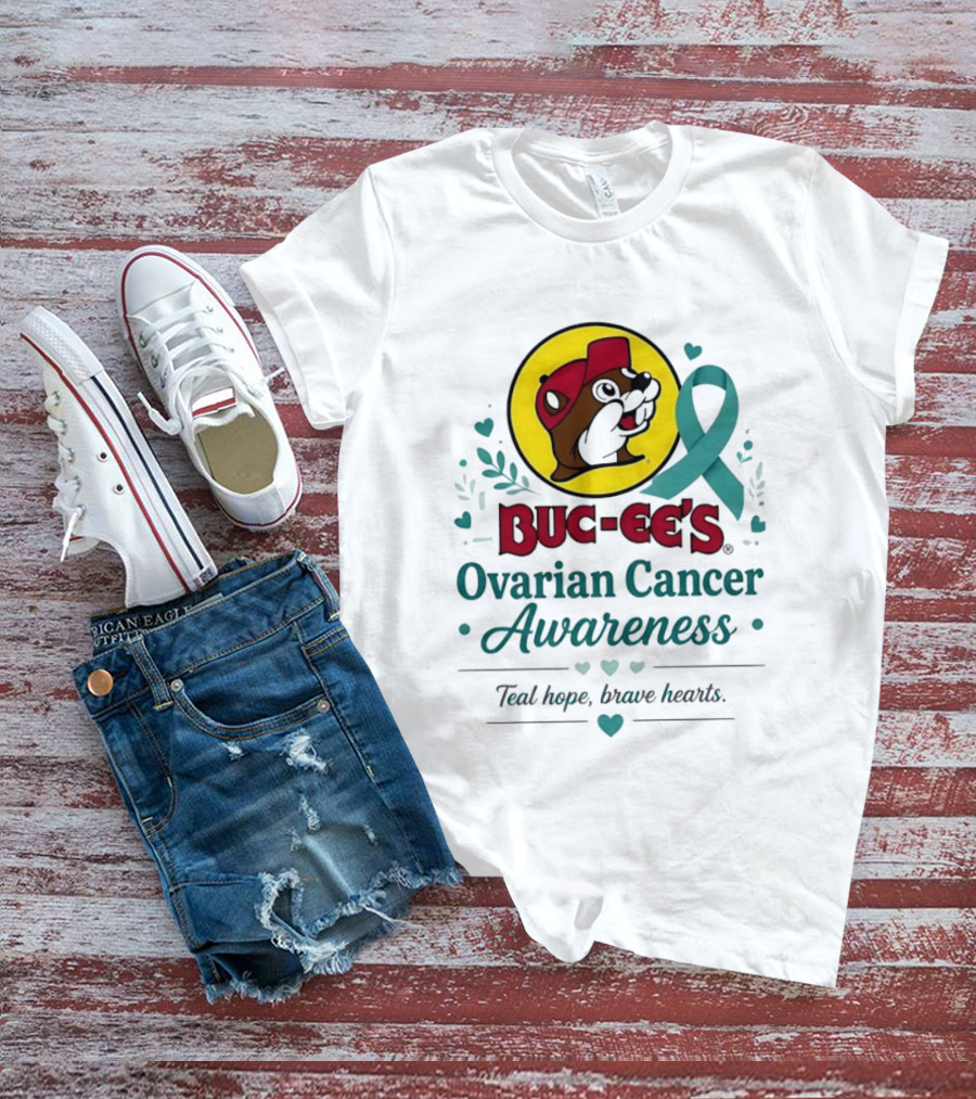 Buc Ee's Ovarian Cancer Awareness Teal Hope Brave Hearts T-Shirt