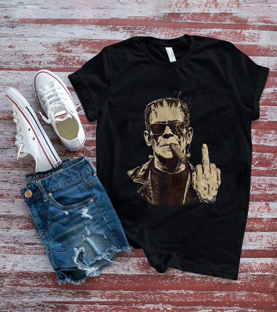 Frankenstein Cigar Middle Finger Smoking Horror Halloween T-Shirt