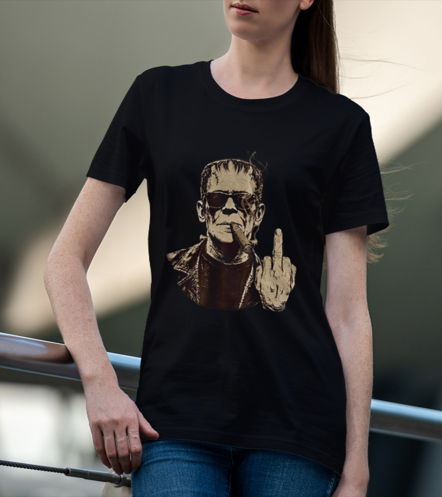 Frankenstein Cigar Middle Finger Smoking Horror Halloween T-Shirt
