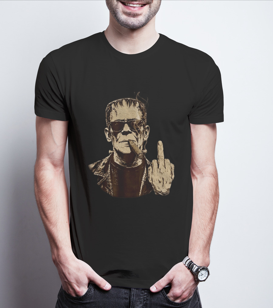 Frankenstein Cigar Middle Finger Smoking Horror Halloween T-Shirt