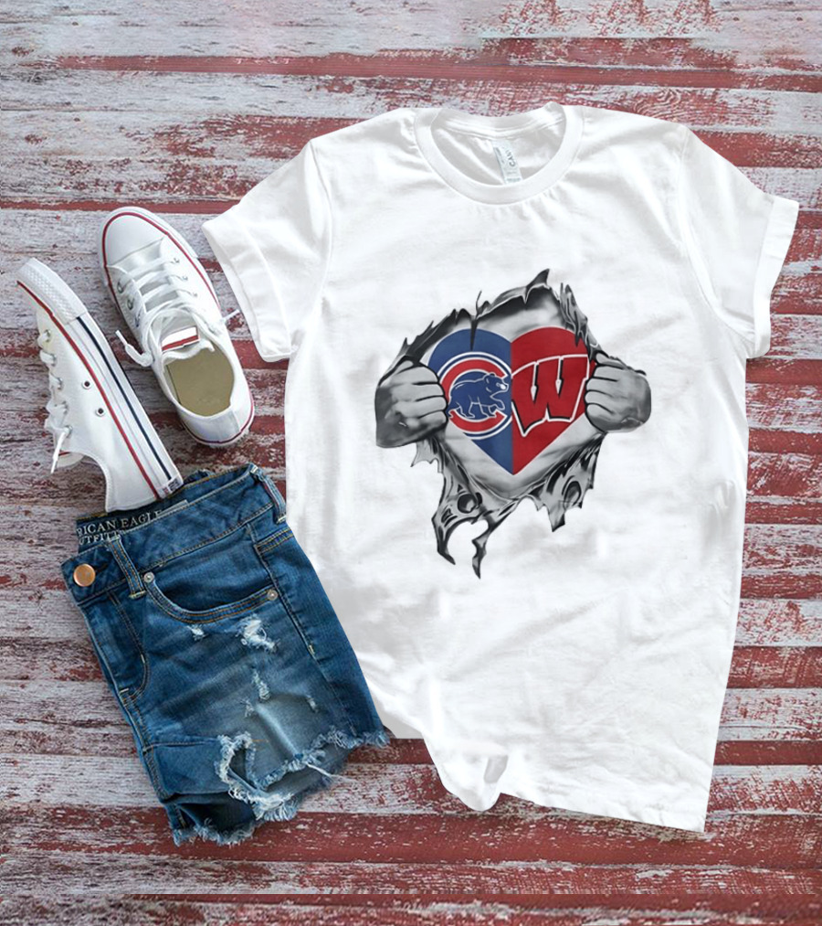 Chicago Cubs And Wisconsin Badgers Heart Rip T-Shirt