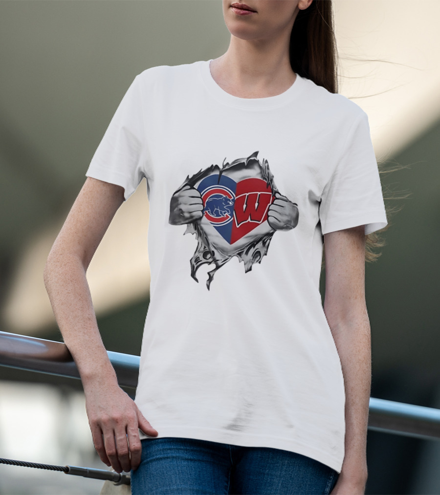 Chicago Cubs And Wisconsin Badgers Heart Rip T-Shirt