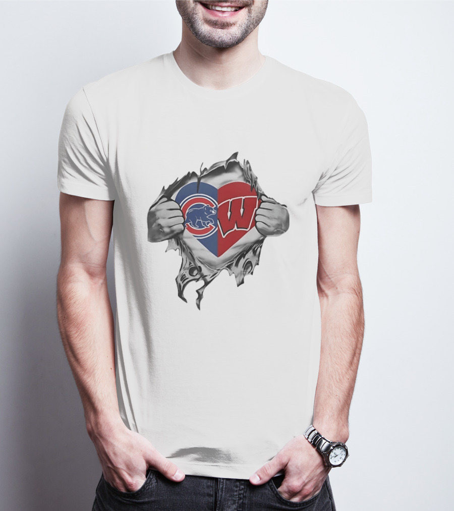 Chicago Cubs And Wisconsin Badgers Heart Rip T-Shirt
