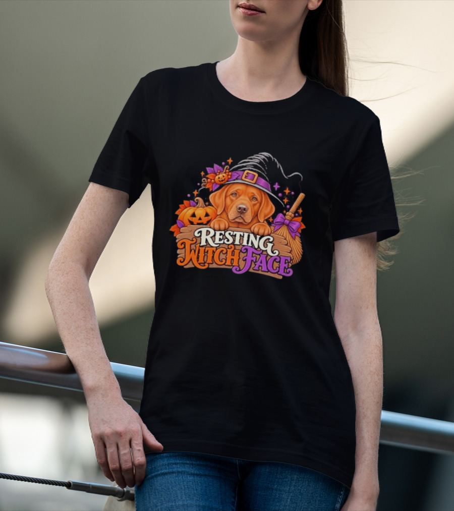 Resting Witch Face Dog Witch Hat Pumpkin Broom Halloween T-Shirt