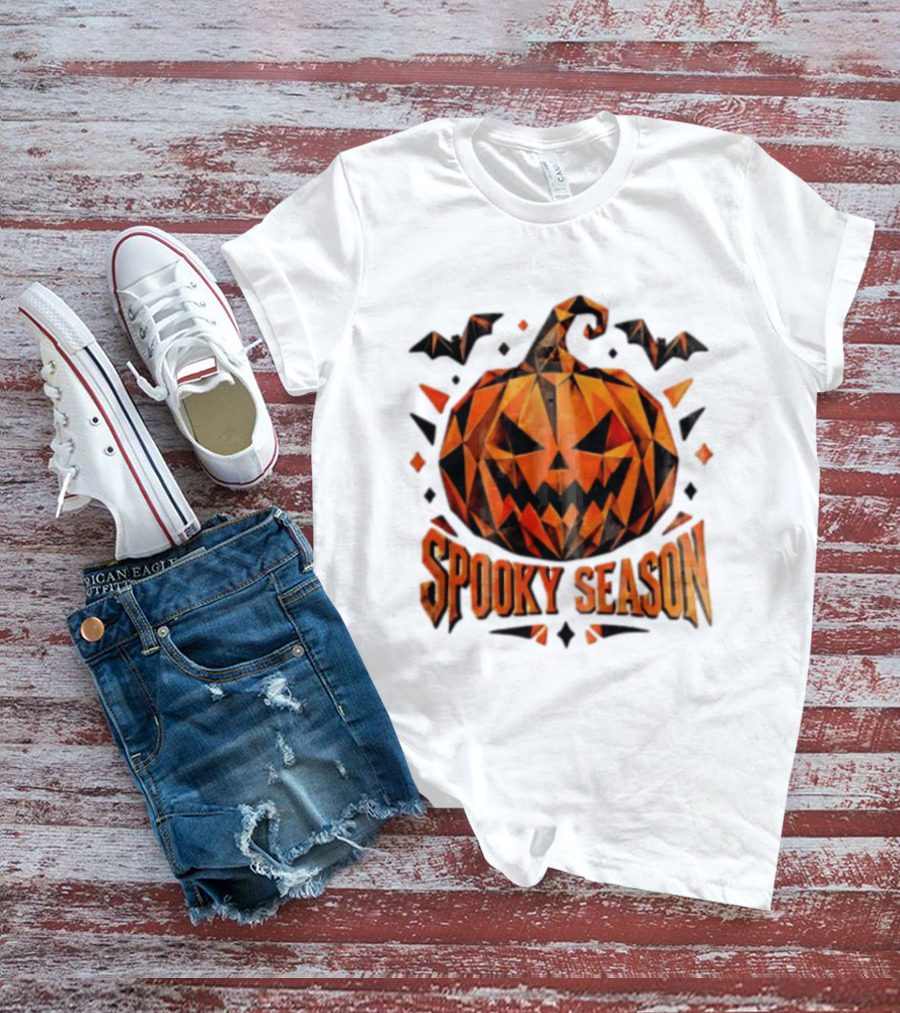 Spooky Season Geometric Pumpkin Halloween Bats T-Shirt