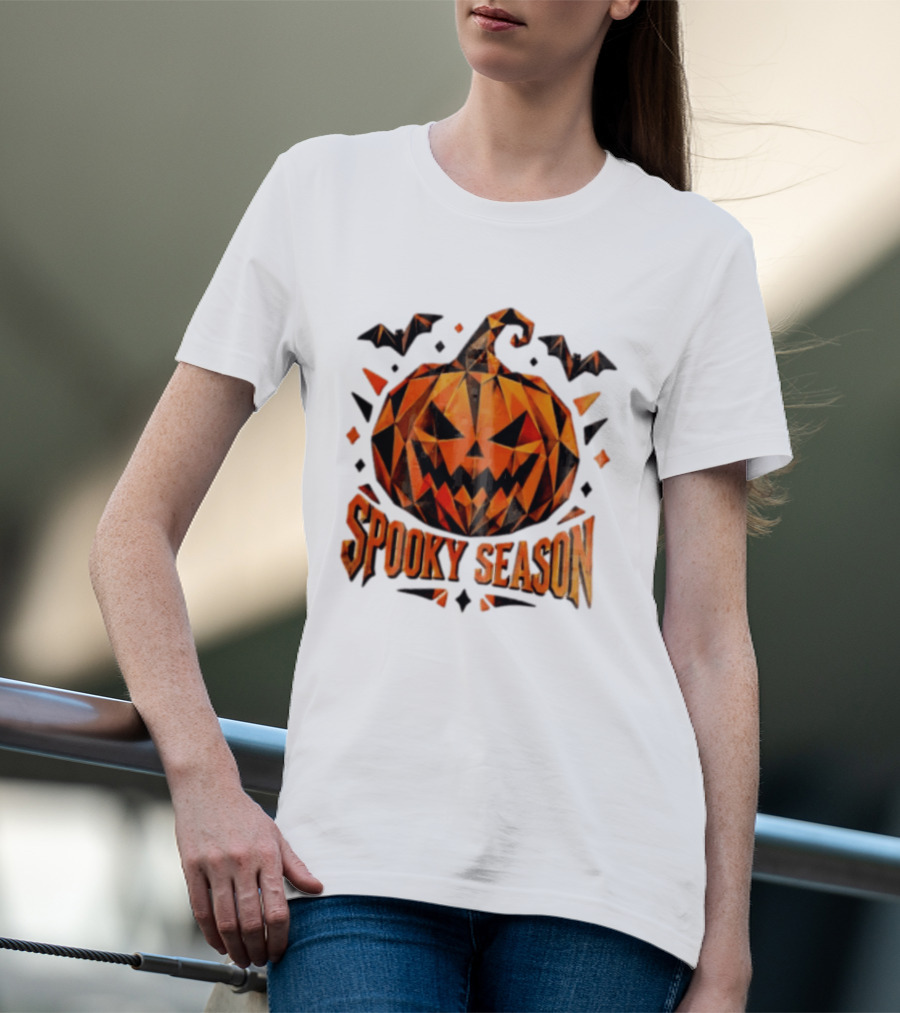 Spooky Season Geometric Pumpkin Halloween Bats T-Shirt