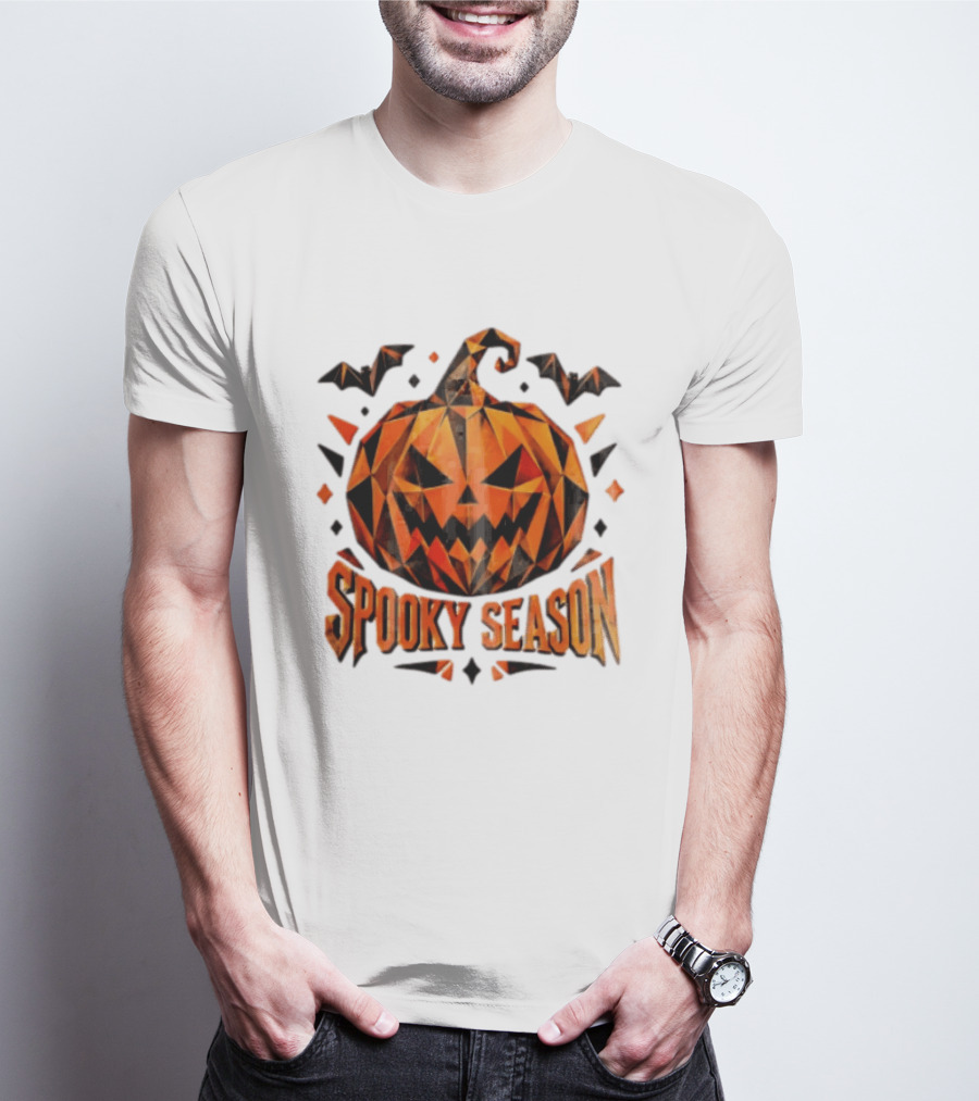 Spooky Season Geometric Pumpkin Halloween Bats T-Shirt