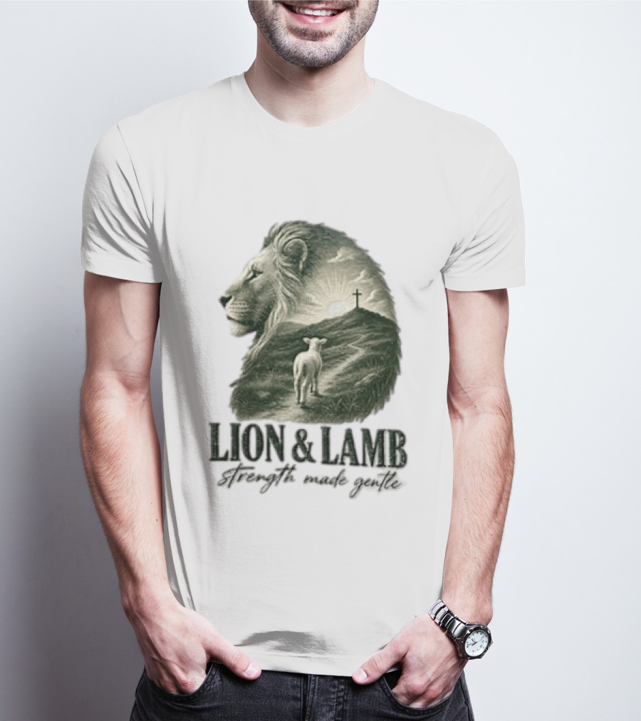 Lion And Lamb Strength Made Gentle Jesus Christ Cross Calvary Christian Faith T-Shirt