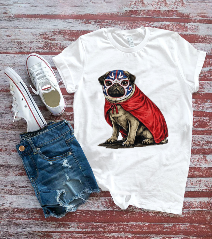 Lucha Libre Pug Red Cape Mexican Wrestling Dog Mask T-Shirt