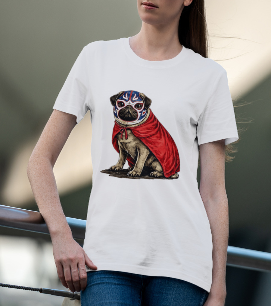 Lucha Libre Pug Red Cape Mexican Wrestling Dog Mask T-Shirt