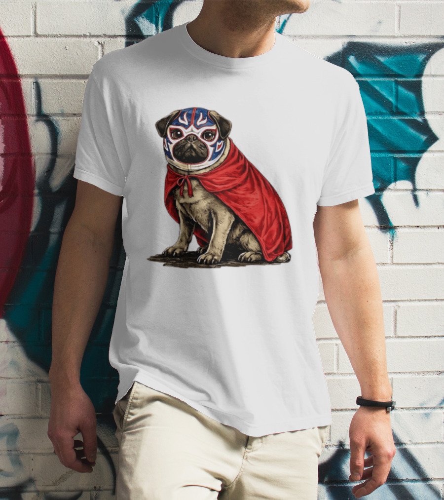 Lucha Libre Pug Red Cape Mexican Wrestling Dog Mask T-Shirt