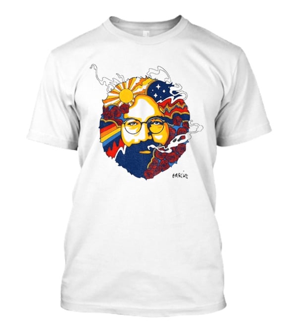 Psychedelic Jerry Garcia Face Sun Waves Stars Roses T-Shirt