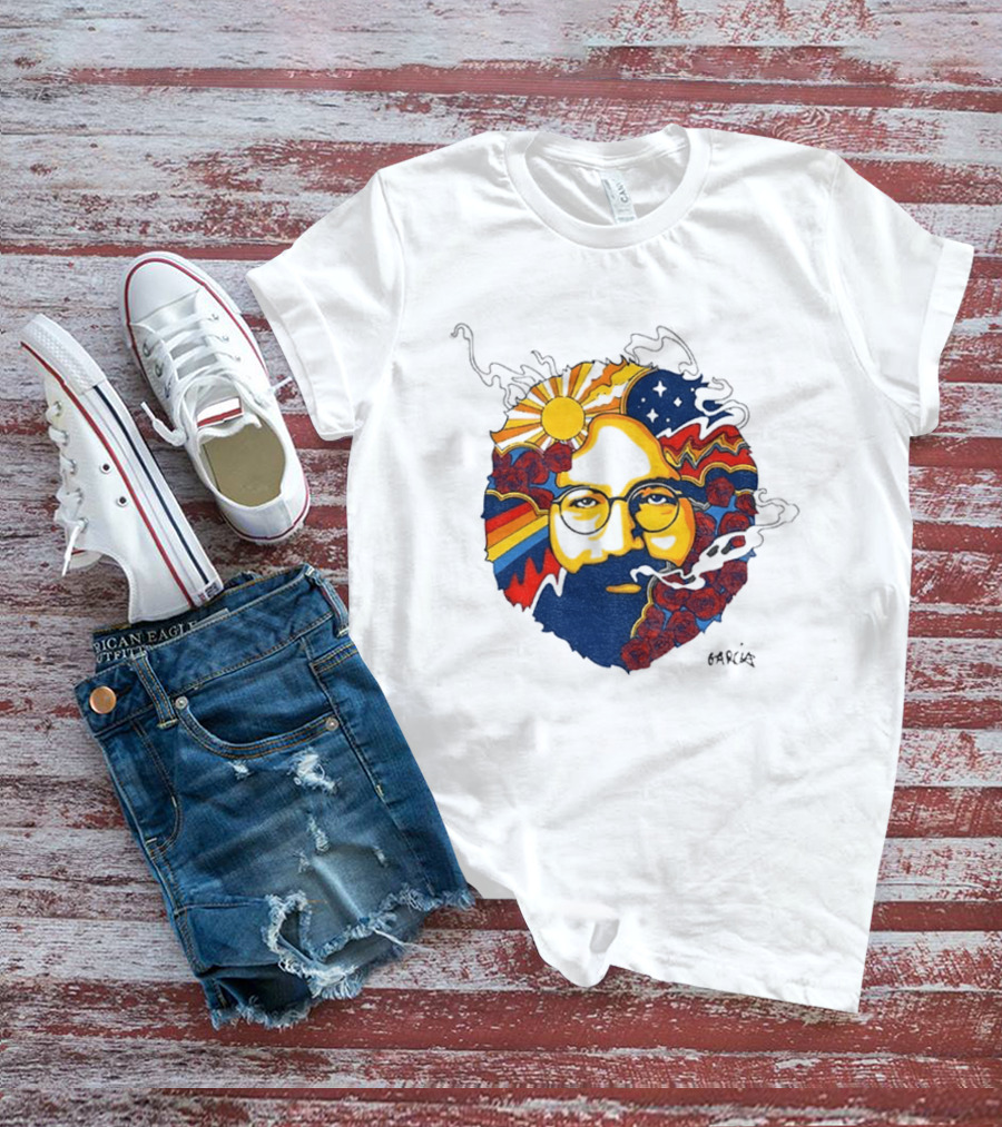 Psychedelic Jerry Garcia Face Sun Waves Stars Roses T-Shirt