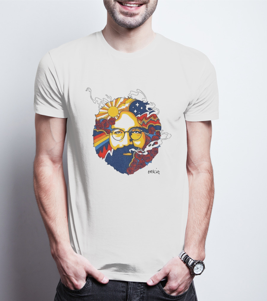 Psychedelic Jerry Garcia Face Sun Waves Stars Roses T-Shirt