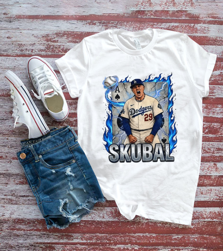 Skubal 29 Dodgers Ace Pitcher Playing Card Flames And Spade T-Shirt