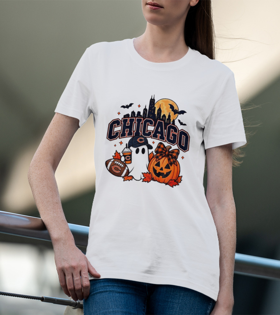 Chicago Bears Halloween Ghost Pumpkin Football Skyline Moon T-Shirt