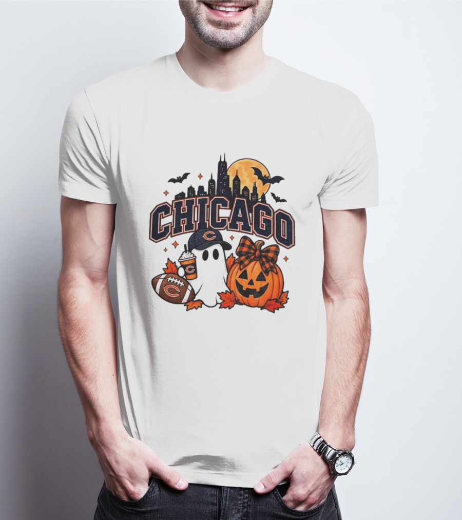 Chicago Bears Halloween Ghost Pumpkin Football Skyline Moon T-Shirt