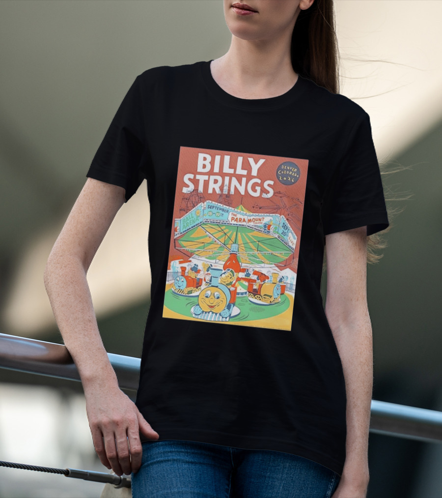 Billy Strings Denver Colorado 2026 Ball Arena Paramount Theatre September Concert Featuring Train Carousel Illustrations T-Shirt
