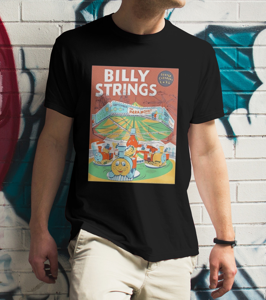 Billy Strings Denver Colorado 2026 Ball Arena Paramount Theatre September Concert Featuring Train Carousel Illustrations T-Shirt