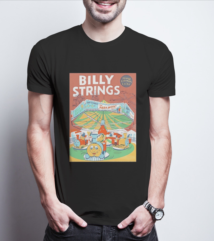Billy Strings Denver Colorado 2026 Ball Arena Paramount Theatre September Concert Featuring Train Carousel Illustrations T-Shirt