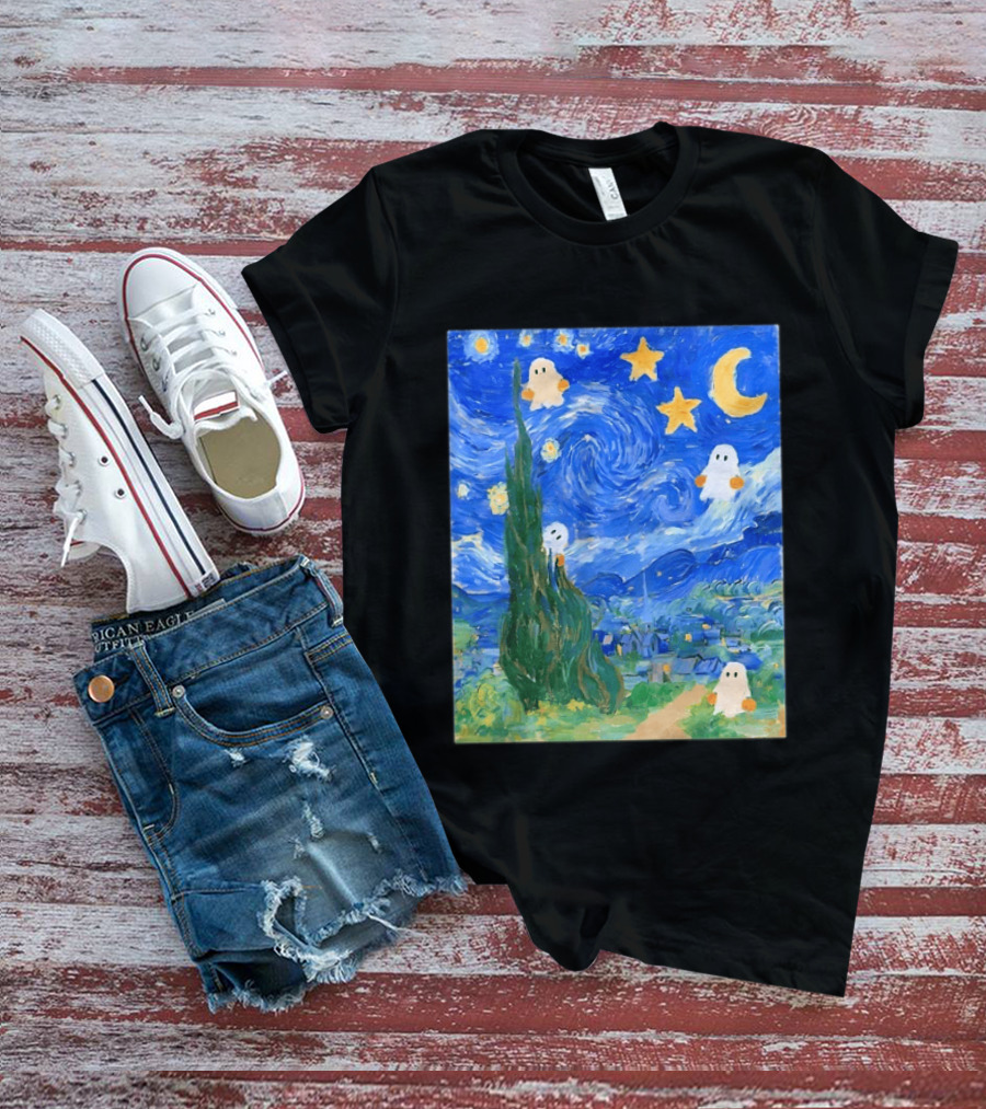 Starry Night Halloween Ghosts Vincent Van Gogh Painting T-Shirt
