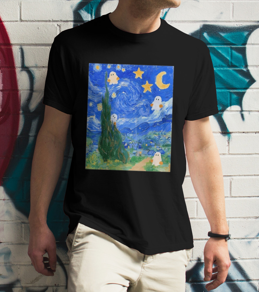Starry Night Halloween Ghosts Vincent Van Gogh Painting T-Shirt
