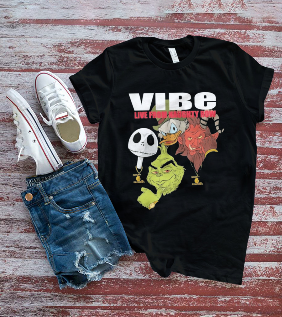 Vibe Live From Naughty Row Grinch Krampus Scrooge Jack Skellington Christmas Naughty Row Records T-Shirt