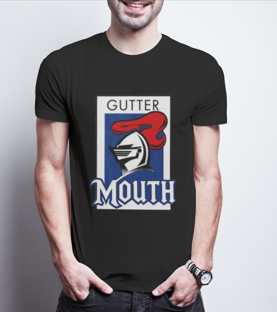Guttermouth Newcastle Knights Collaboration Rugby League Iconic Helmet Red Blue T-Shirt