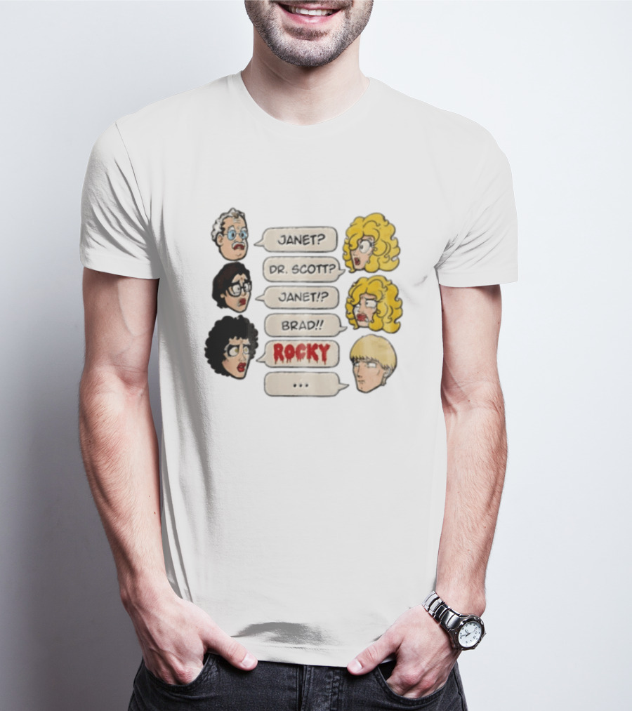 Janet Dr Scott Brad Rocky Horror Picture Show Speech Bubbles Cartoon Heads Dialogue T-Shirt