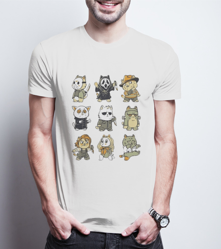 Horror Movie Cats Meowster Party Jason Ghostface Freddy Krueger Halloween T-Shirt