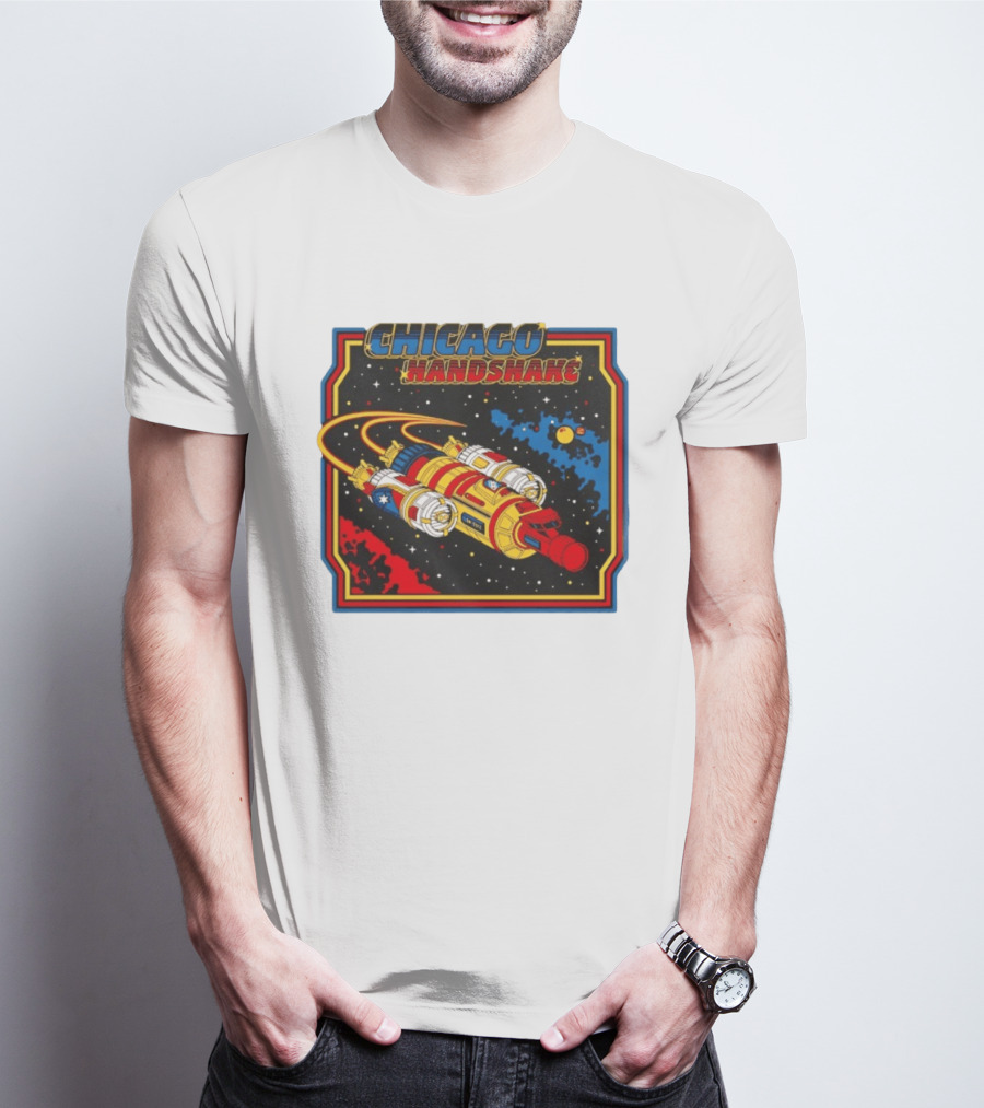 Chicago Handshake Spaceship Malort Old Lager Retro Sci Fi Space Adventure T-Shirt