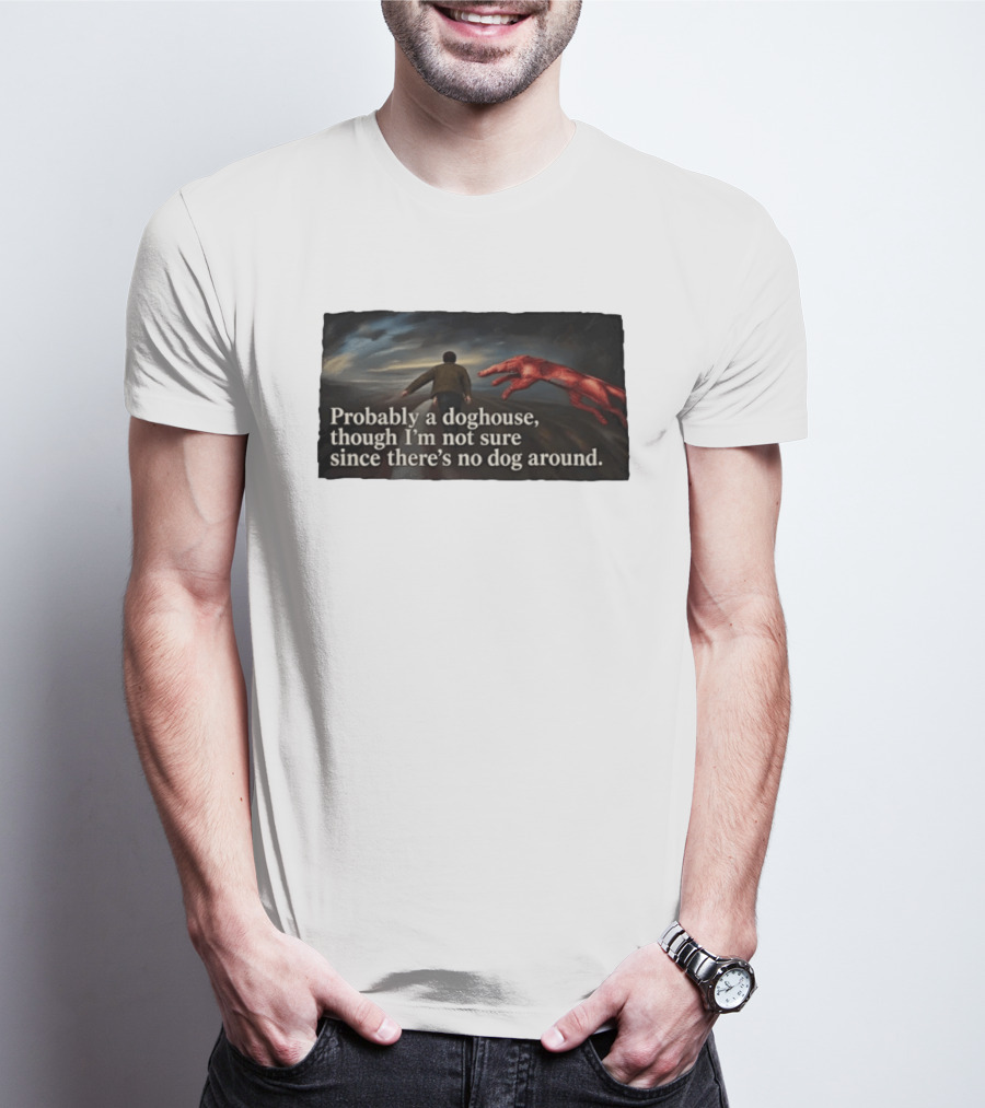 Probably A Doghouse Though I'm Not Sure Since There's No Dog Around Surreal Landscape With Figure And Red Creature T-Shirt