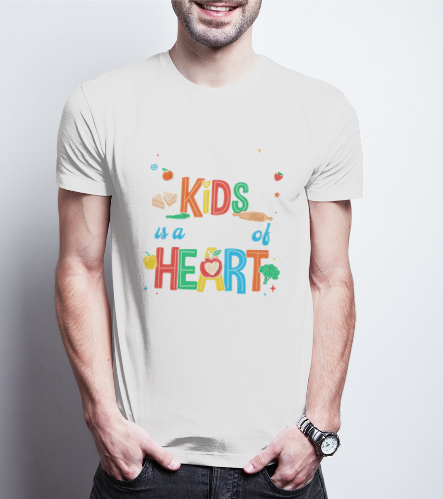 Feeding Kids Is A Work Of Heart Kitchen Tools Colorful Food Items T-Shirt