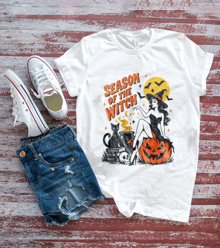 Season Of The Witch Halloween Spooky Season Full Moon Pumpkin Black Cat Bat T-Shirt