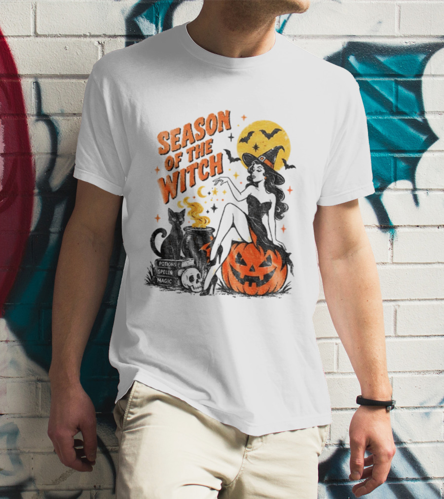 Season Of The Witch Halloween Spooky Season Full Moon Pumpkin Black Cat Bat T-Shirt