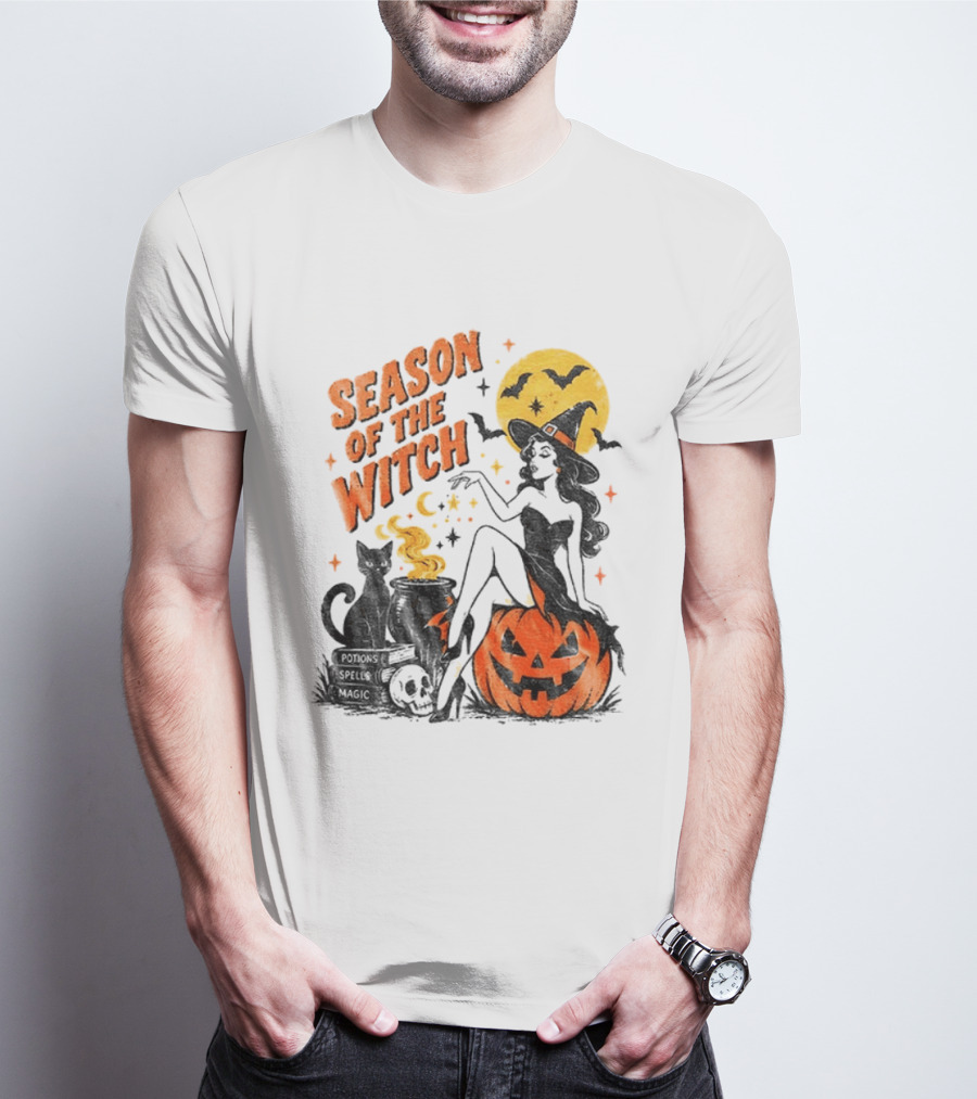 Season Of The Witch Halloween Spooky Season Full Moon Pumpkin Black Cat Bat T-Shirt
