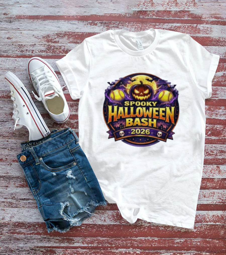 Spooky Halloween Bash 2026 Pumpkin Moonlit Baseball Skulls T-Shirt