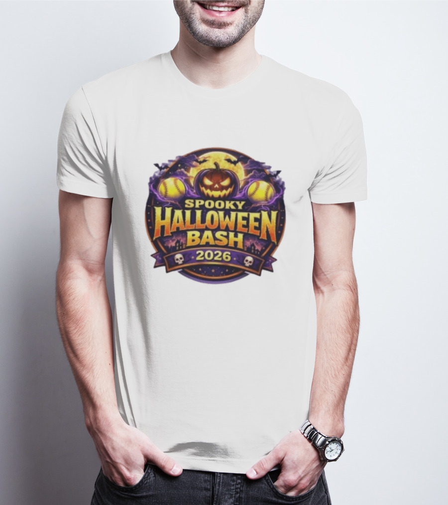Spooky Halloween Bash 2026 Pumpkin Moonlit Baseball Skulls T-Shirt