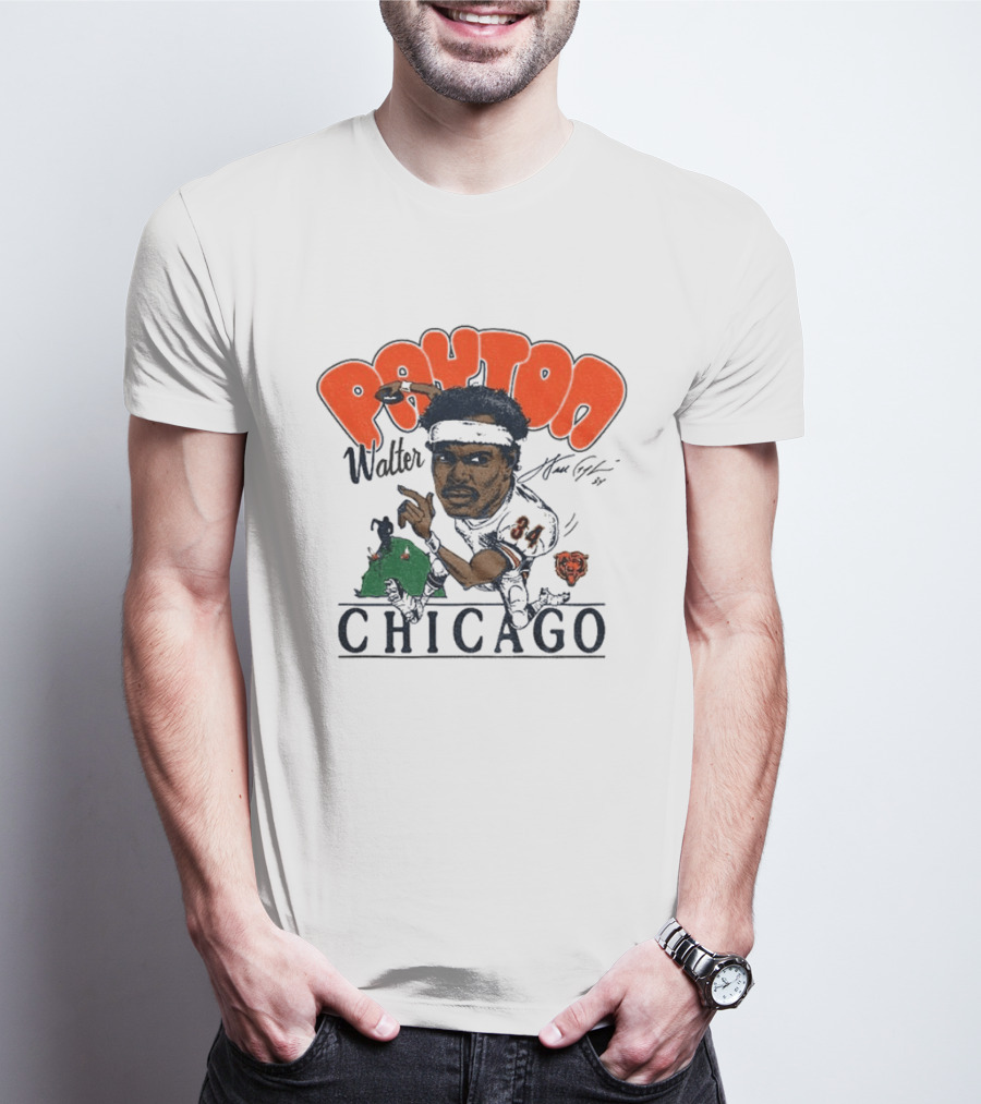 Walter Payton Chicago Bears 34 Caricature Player Signature Drawing T-Shirt