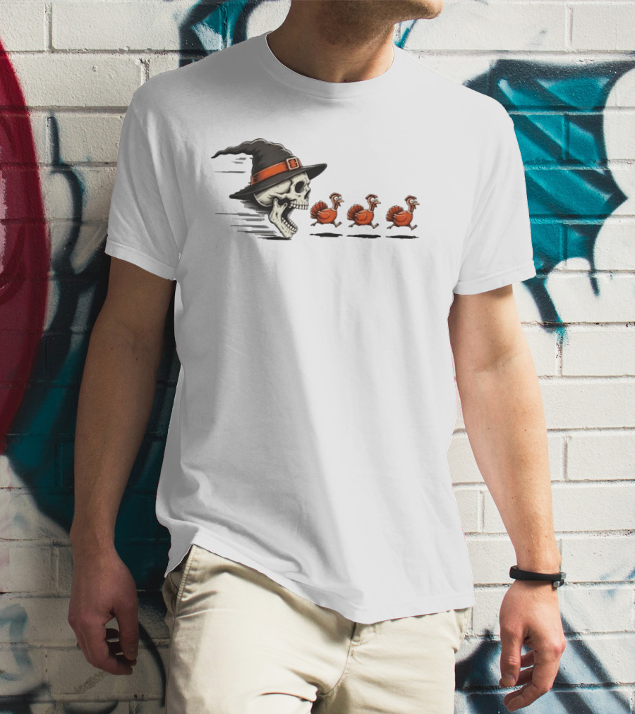 Witch Skull Chasing Turkeys Thanksgiving Humor T-Shirt