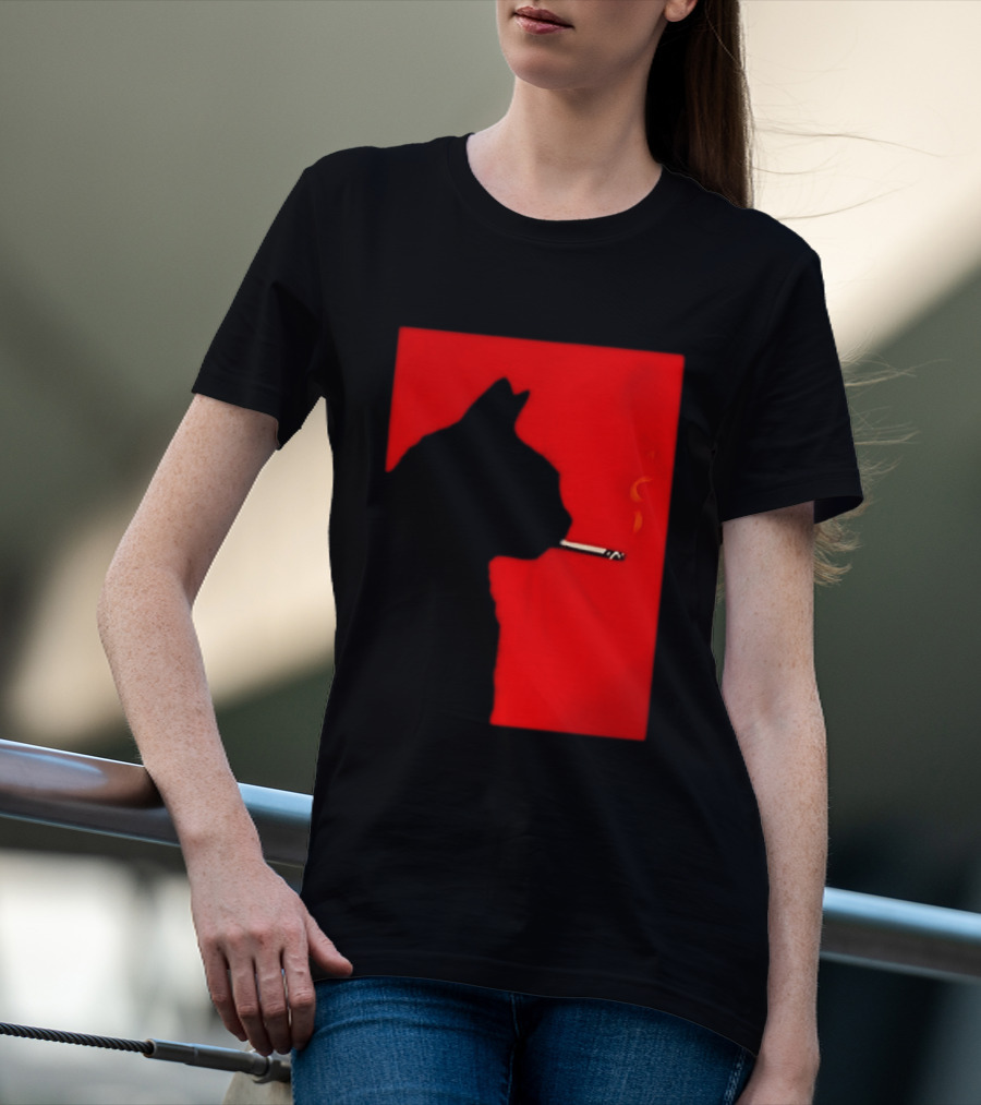 Black Cat Silhouette With Cigarette On Red T-Shirt