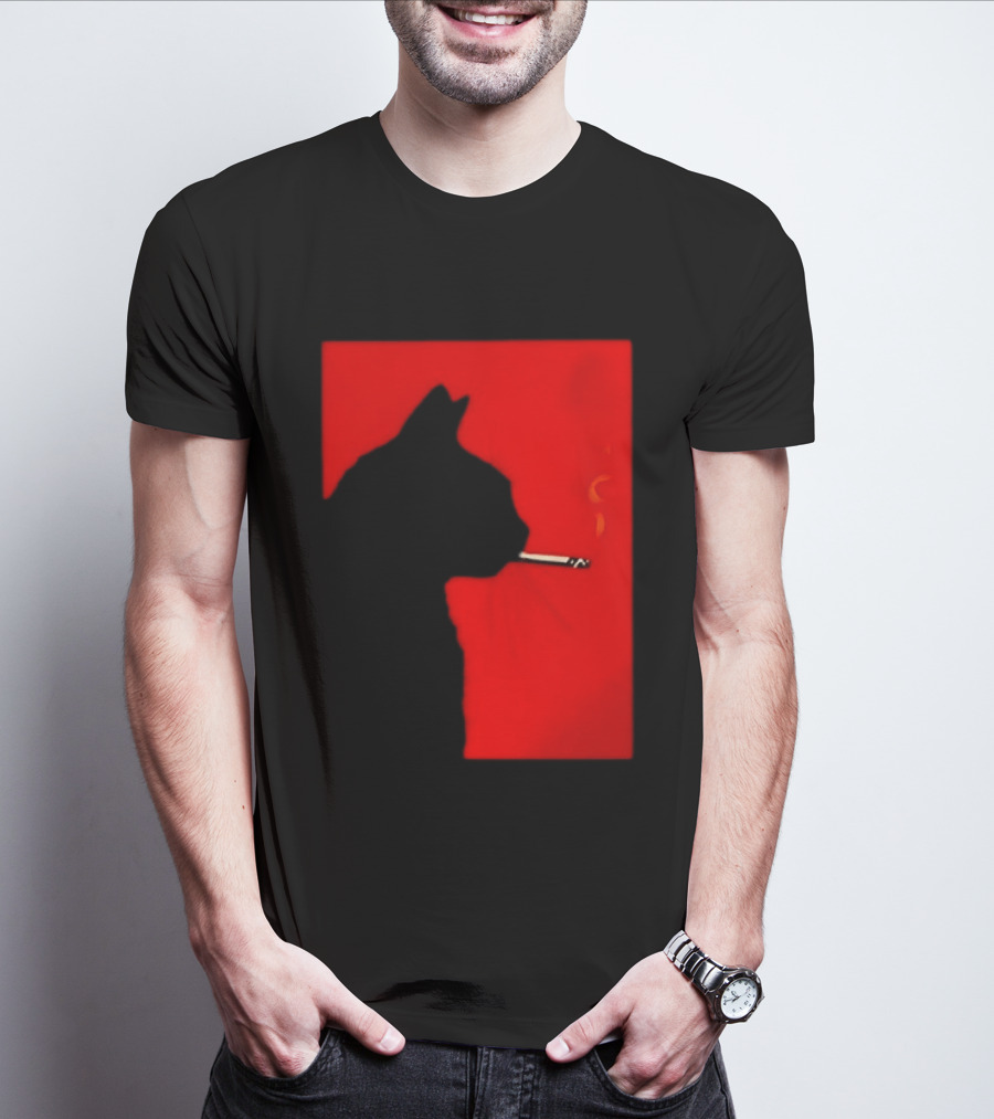 Black Cat Silhouette With Cigarette On Red T-Shirt