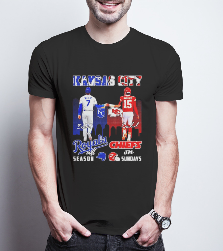 Kansas City Royals And Chiefs Bobby Witt Jr Patrick Mahomes NFL MLB All Season Sundays T-Shirt