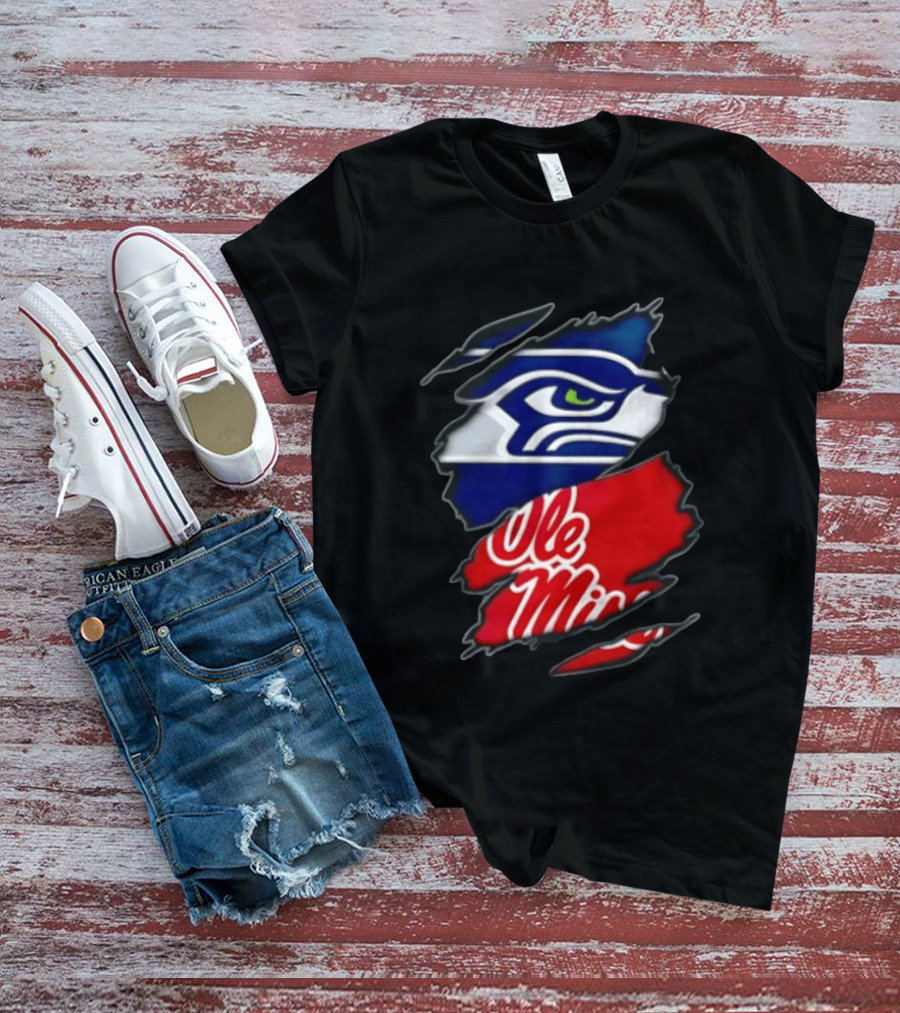 Seattle Seahawks Ole Miss Rebels Ripped Fabric Reveal T-Shirt
