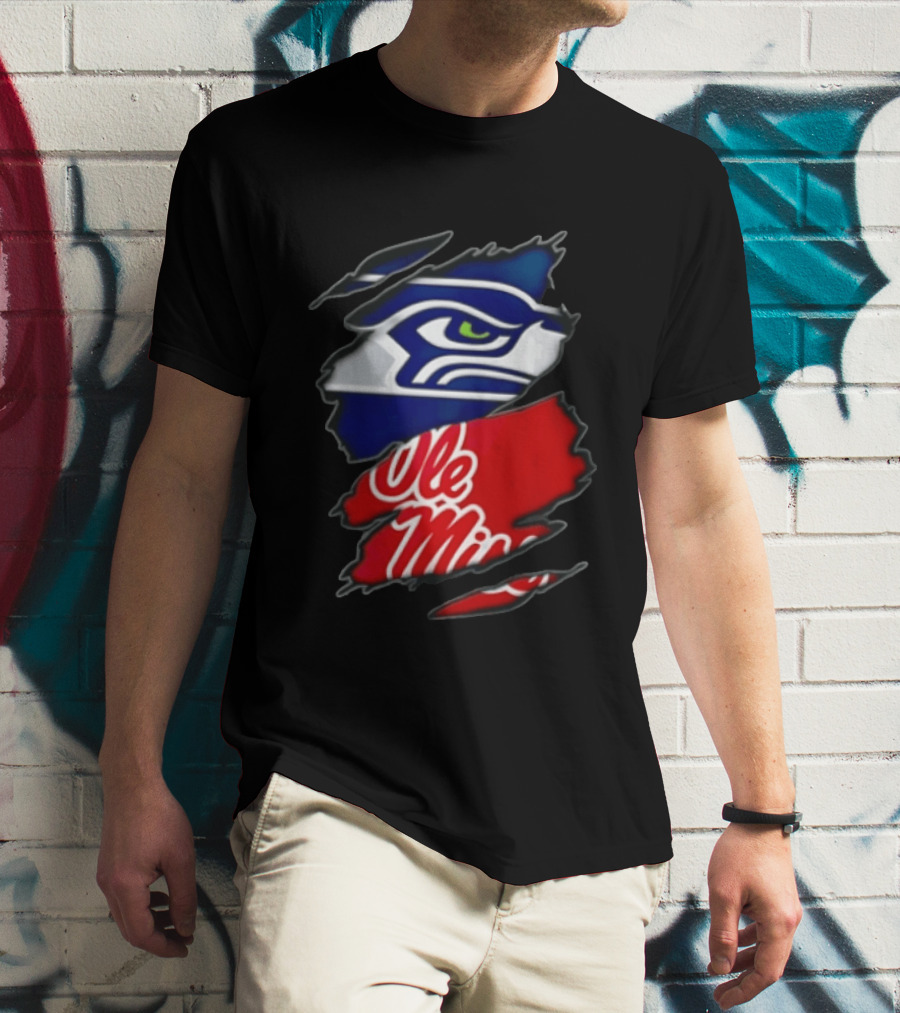 Seattle Seahawks Ole Miss Rebels Ripped Fabric Reveal T-Shirt