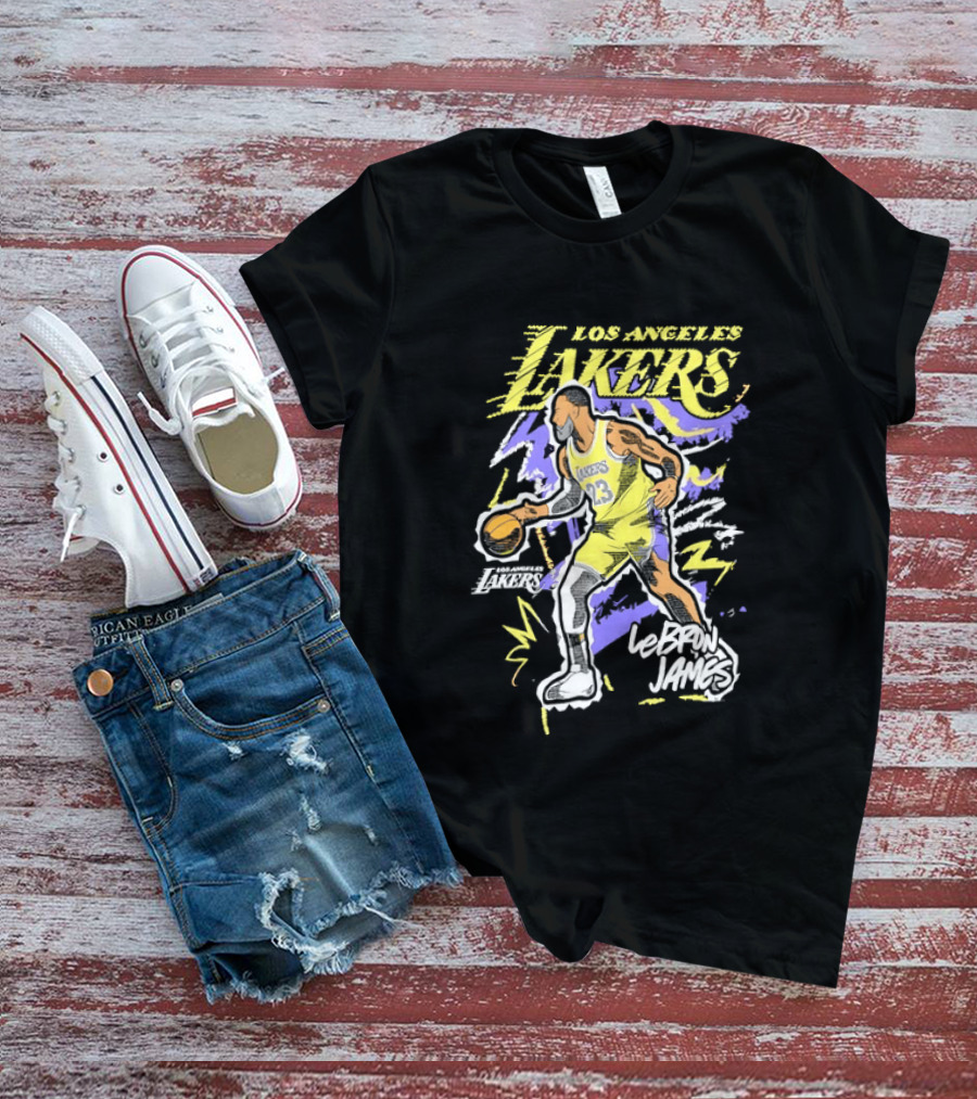 LeBron James Los Angeles Lakers 23 NBA Basketball Player Sketch Yellow Purple T-Shirt