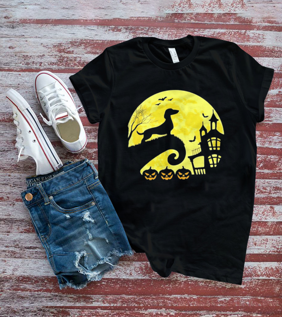 Dachshund Halloween Moon Spooky Night With Pumpkins T-Shirt